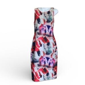 Vintage JENN dress, sheath, abstract red & purple on cream, back zipper. 40